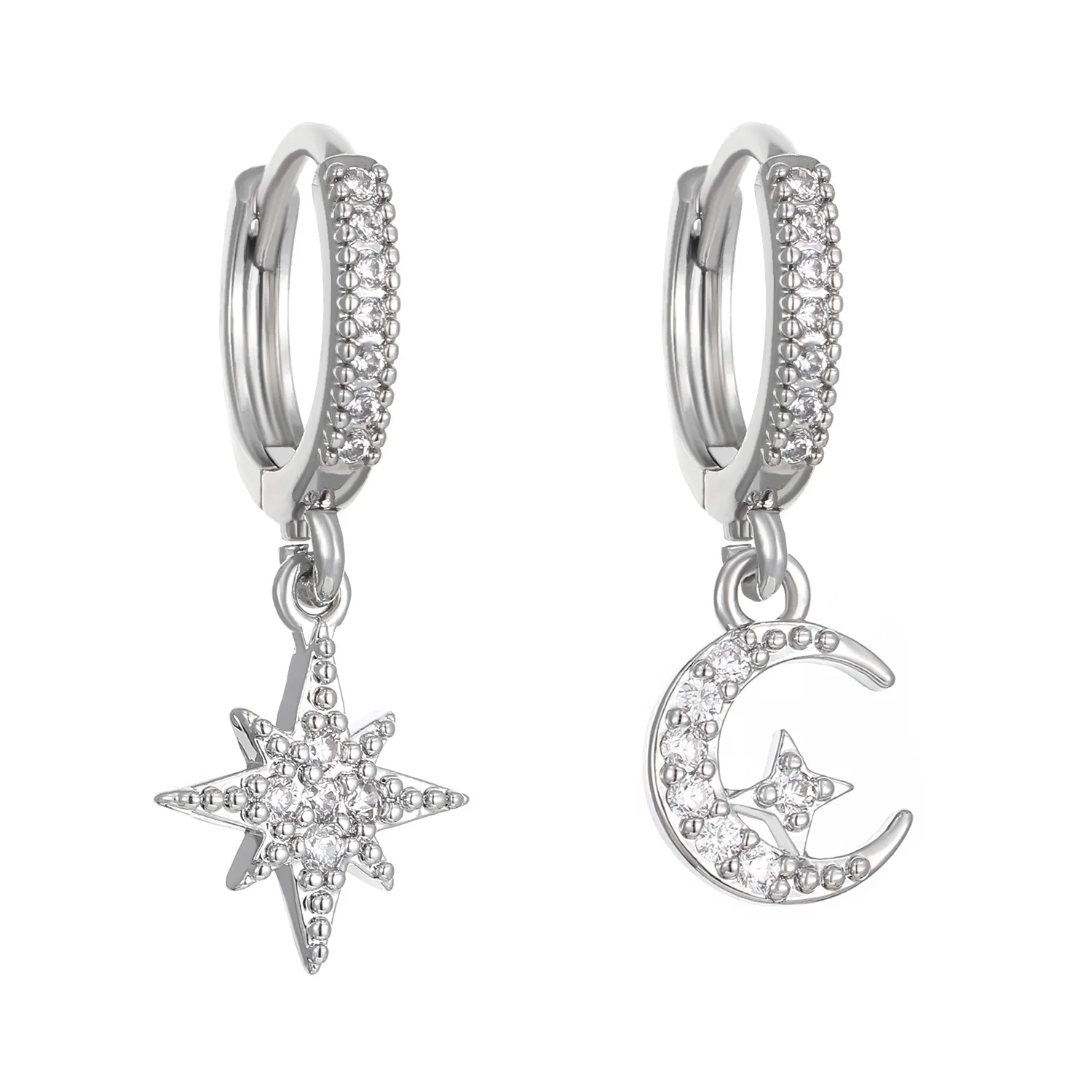 

Asymmetric Zircon Pendant Earrings with Stars and Moon, Luxurious Quality Jewelry, Trendy Women's Temperament, Daily Accessories