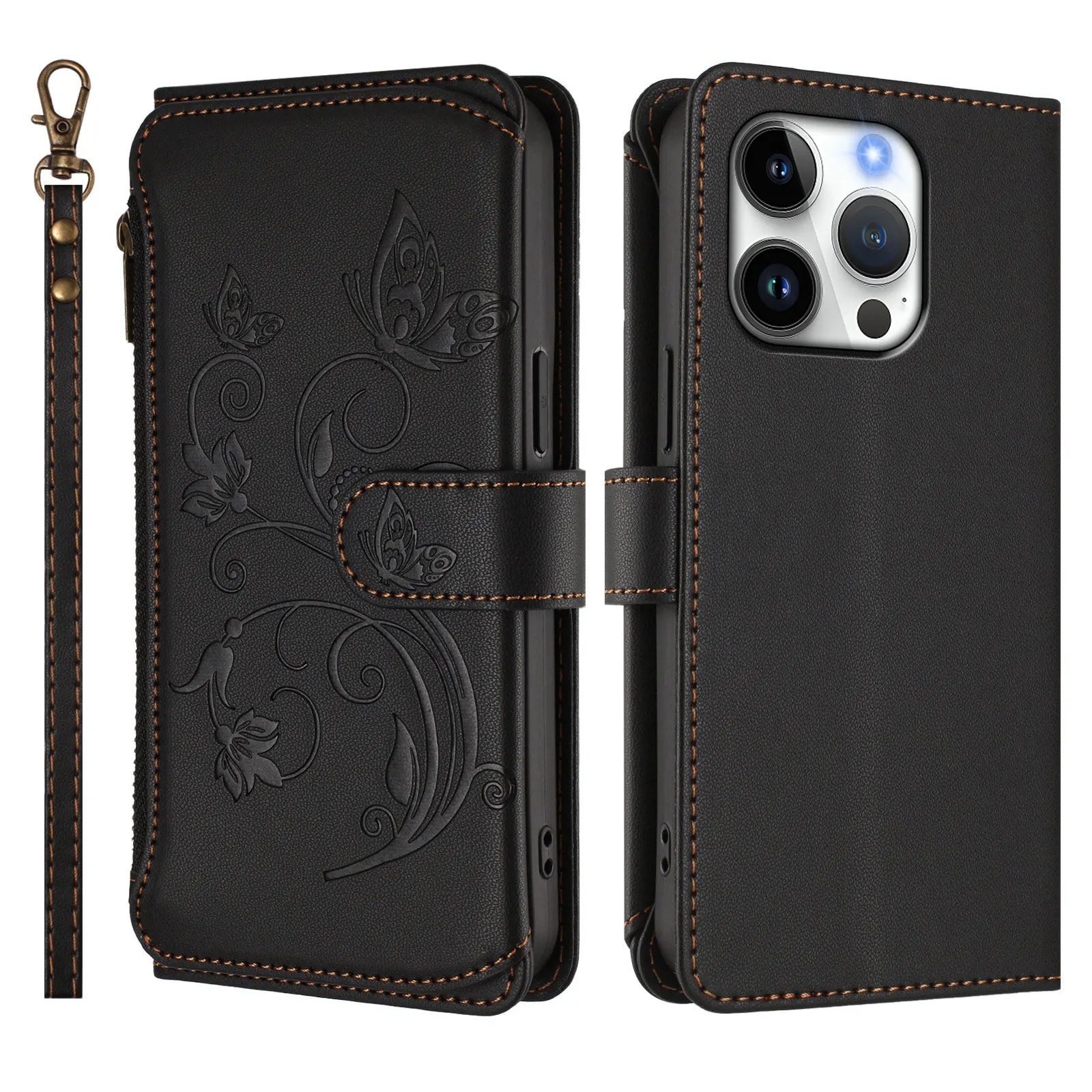 

For IPhone 16 Pro Max 16Pro Plus Premium Floral Embossed PU Leather Wallet Case with 6 Card Slots Zipper Closure Magnetic Cover