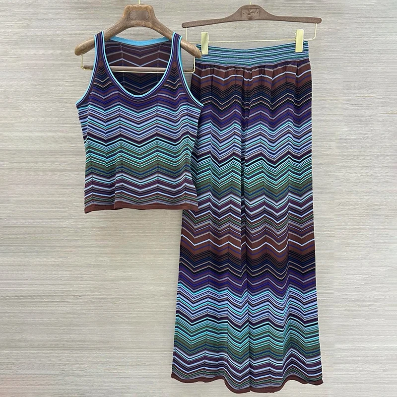 women's 2-piece sets New elastic slim sleeveless top for summer 2026 Metal yarn blend women's pants Colorful striped pants set