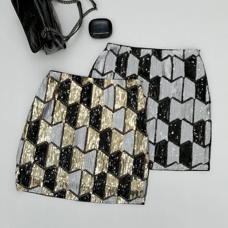 

Модная облегающая юбка с геометрическим узором и блестящими пайетками, короткая юбка в стиле знаменитостей, женская коллекция для повседневной носки