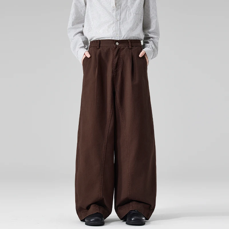 

Мужские повседневные брюки с широкими штанинами, изогнутым кроем и разрезами, из чистого хлопка с эффектом карбоновой стирки, унисекс, драпированный силуэт