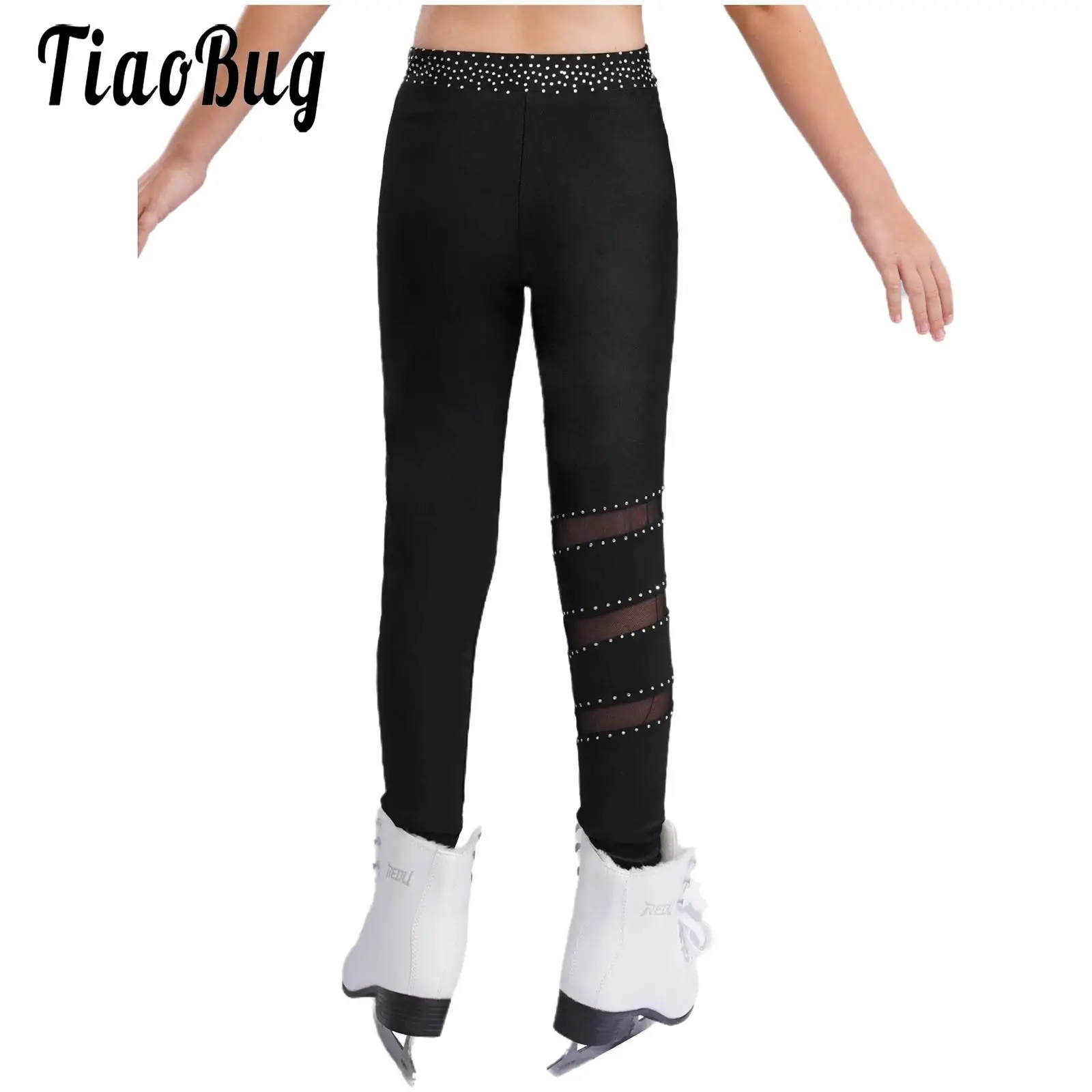 Kids Girls Figure Skating Rhythmic Gymnastic Pants Elastic Waistband Sparkly Rhinestones Leggings Sheer Mesh Patchwork Trousers