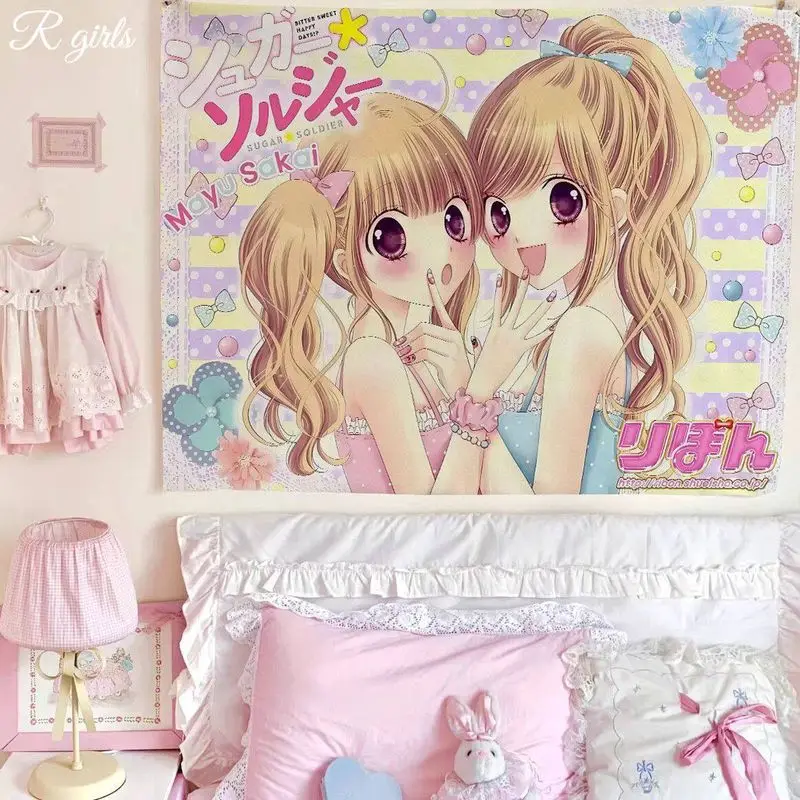 VIKAMA Japanese Ancient Sweet Girl Manga Double Girl Pattern Macaron Candy Living Room Sofa Background Wall Room Decoration