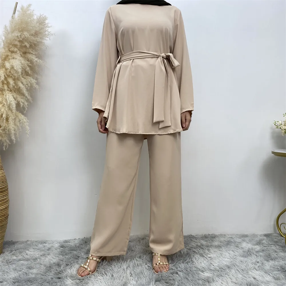 

Fashion Women's Simple Wide Leg Pants Muslim Lace Up Suit 2272 Muslim Long Dress Robe Abaya Ramadan Dubai Luxury Islam Elegant