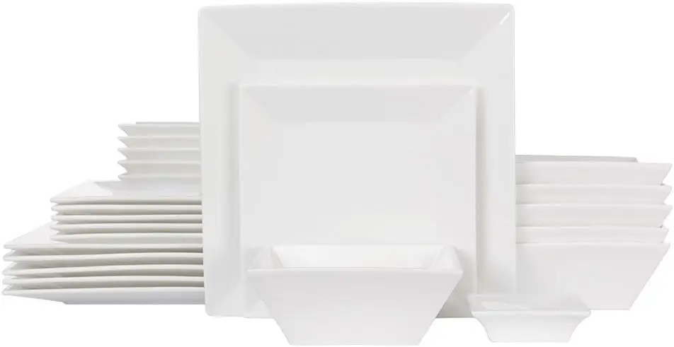 

24-Piece Classic Square Dinnerware Set for 6-Square Dinner Plates, Dessert Plates, Bowls & Dipping Saucers, Off White