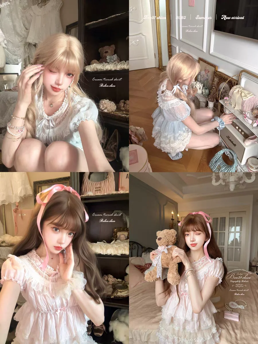 เสื้อเชิ้ตเจ้าหญิงโลลิต้าหวานๆ bobon21 Dewdrop Kiss สไตล์ฝรั่งเศส ลูกไม้ผูกโบว์ แนวเรโทร น่ารัก เสื้อเบบี้ดอลล์ T2418