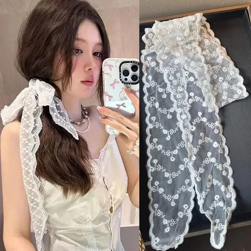 

2025 Fashion White Lace Embroidery Head Scarfs for Women Korean Hair Scarf Long Ribbon Bowknot Hairbands Spring Summer Headwear
