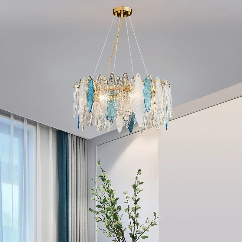 Artistic Ceiling Chandelier Blue Wave Glass LED New Hanging Lights for Ceiling Lustre Luxury Home Decor Lamps for Living Room