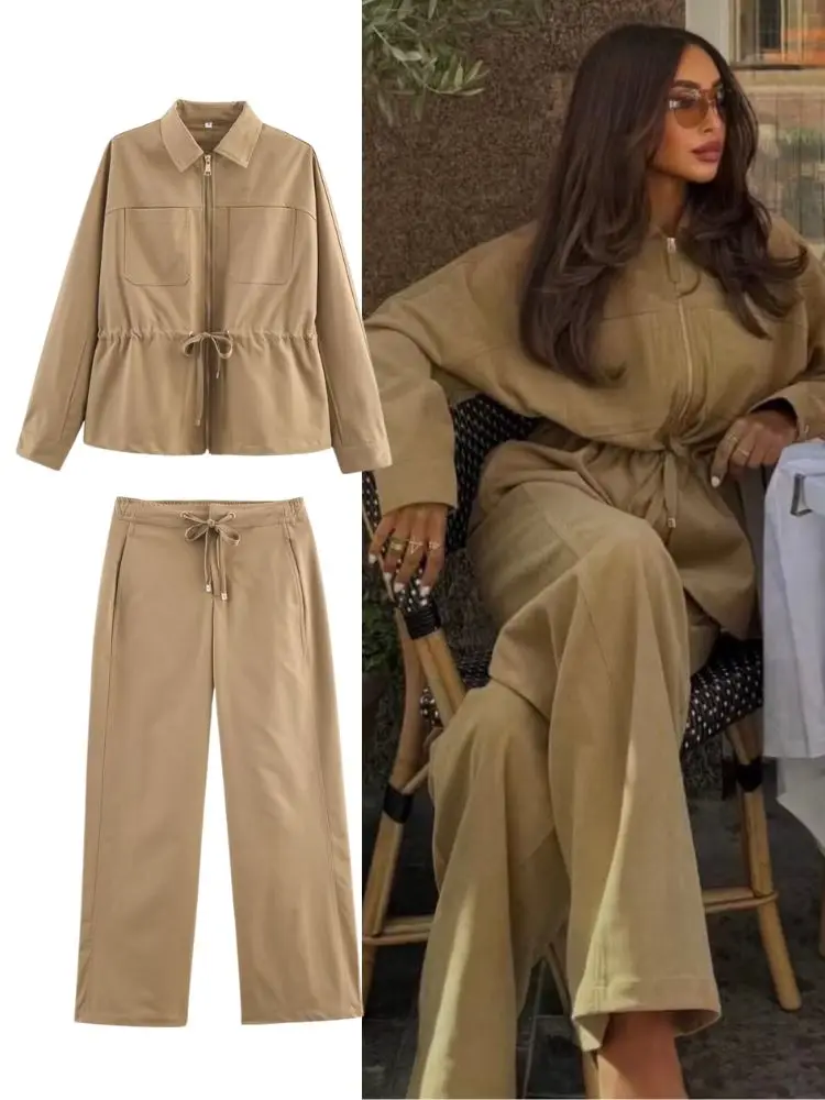 HH Elegantes 2-teiliges Damen-Set mit Revers, langen Ärmeln, Reißverschlusstasche, Gürtel, Mantel + schicke Hose mit hoher Taille, elastischer Taille und Kordelzug und weitem Bein