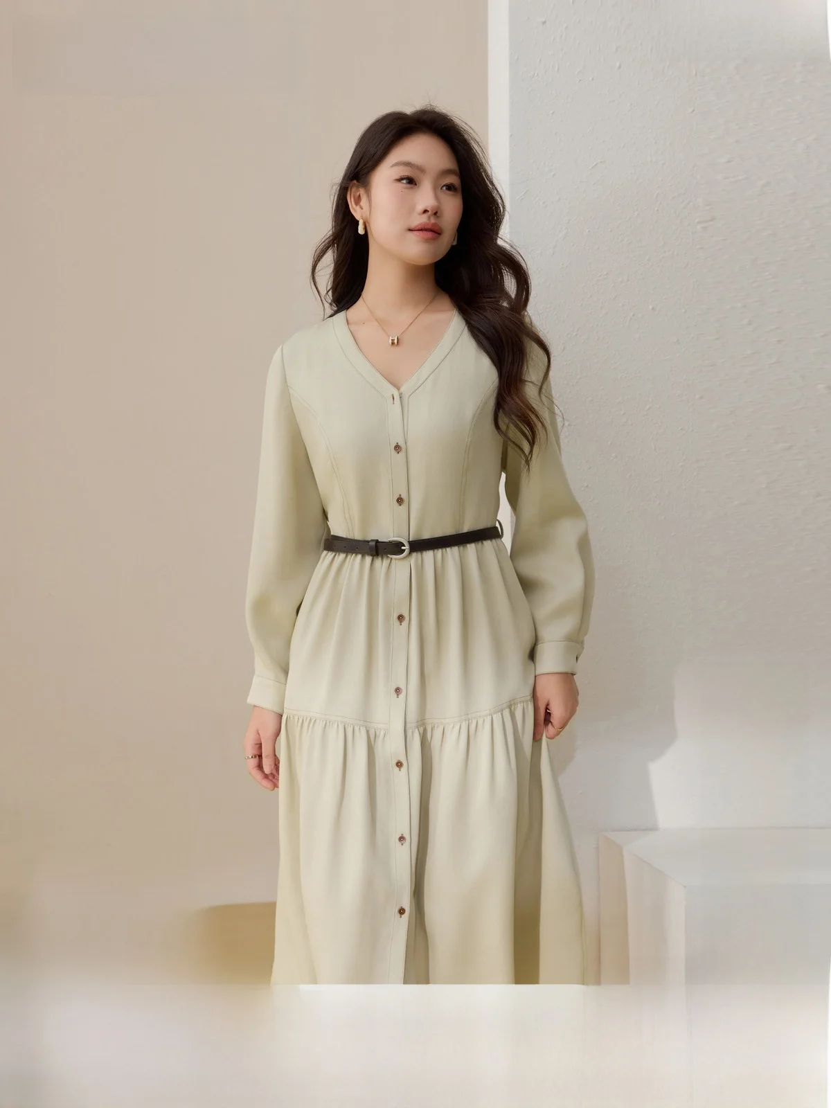

Detachable Belt Waist Cinching Dress Korean Style A-Line Skirt Long Sleeve Mid-Length Spring Fashion plus Size Women's Dress