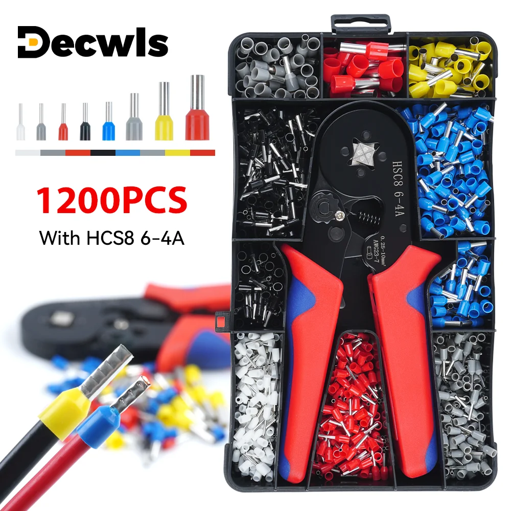 

HSC8 6-4A Self-Adjustable Hand Crimping Plier 0.25-10mm² Ratchet Ferrule Cable Wire Crimper - 1200pcs Insulated Crimp Terminals