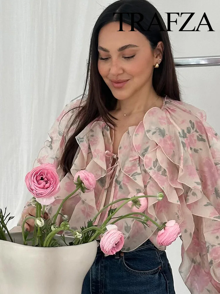 TRAFZA Woman Summer Loose Lace-up Laminated Decoration Shirts Top Female Temperament Lotus Leaf Long Sleeves Printed Blouses