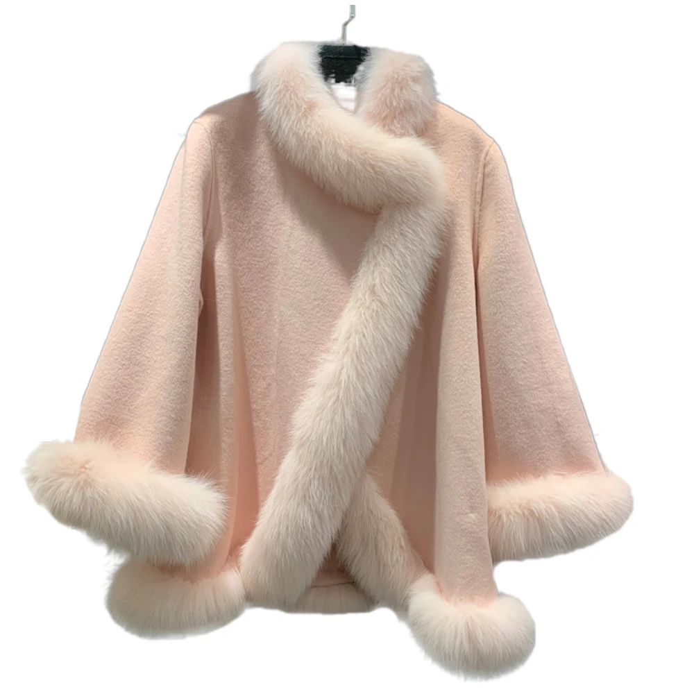 

ZDFURS*Double-Faced Woolen Goods Fox Fur Collar Fur Coat Female Socialite Elegant Cashmere Coat Shawl Cloak 2022 Winter