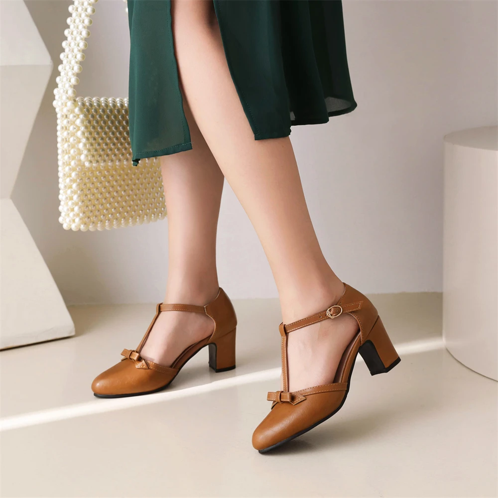 2024 Women High Heels Spring Mary Jane Low High-heeled Shoes Ladies Buckle Round Head Shoes Brown Yellow Apricot Large Size34-43