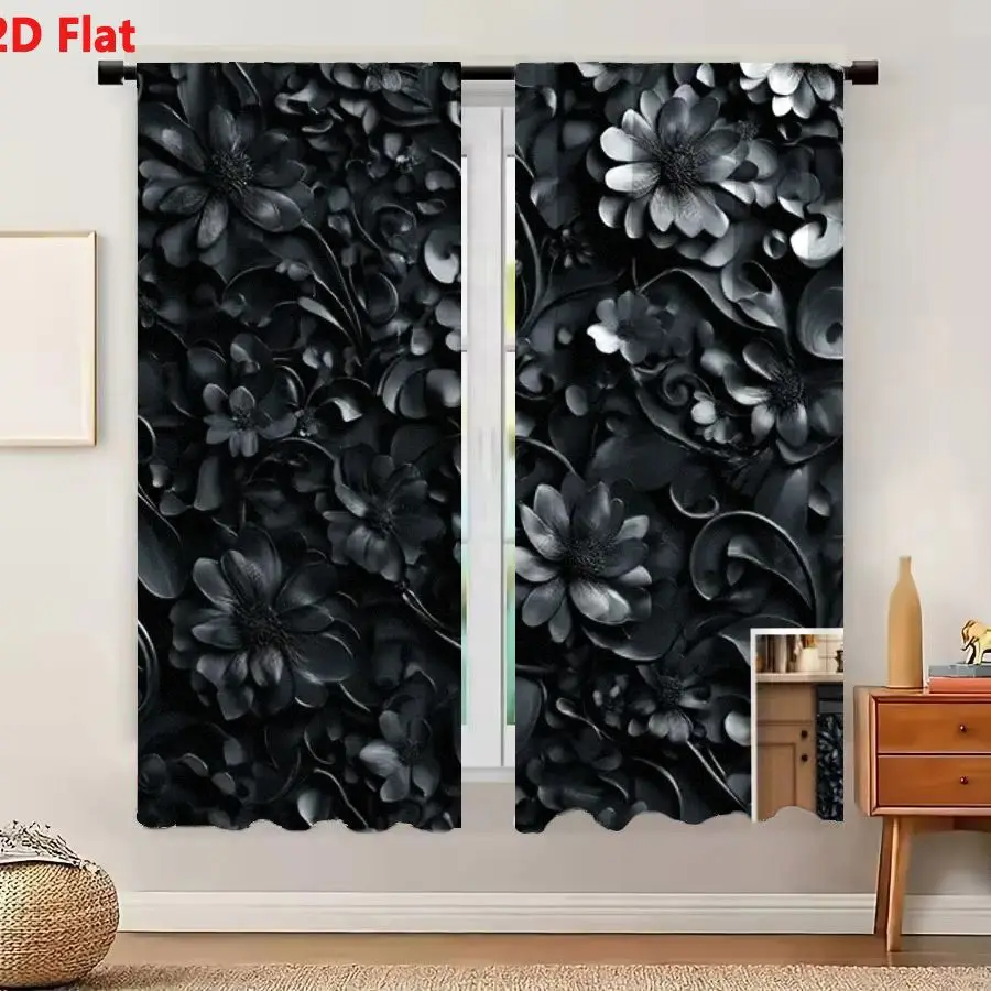 2Pcs Curtains 2D Flat Black And White Intricate Floral Design Wallpaper With Dense Textured Pattern Overlapping Leaves Vines And