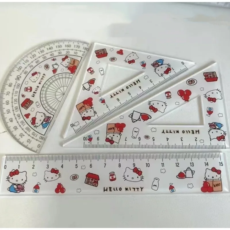 Hello Kitty cartoon animation peripheral cute acrylic ruler four-piece set for students to learn measuring stationery protractor