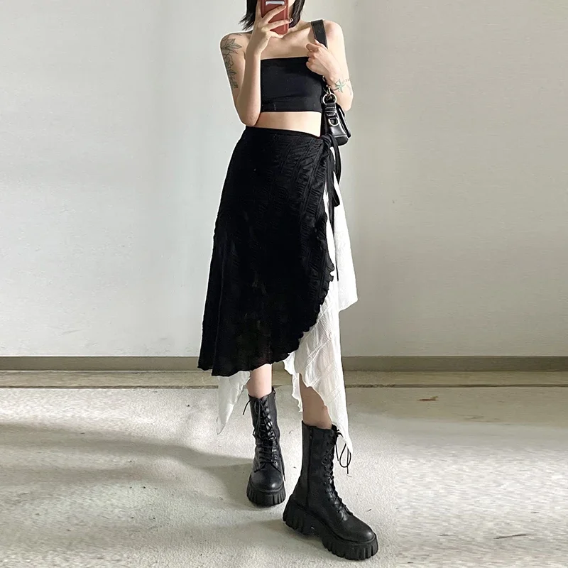 Harajuku Punk Style Skirts Women High Waist Splicing Irregular Gothic Skirt Black White Fashion Streetwear Lace Up Skirt