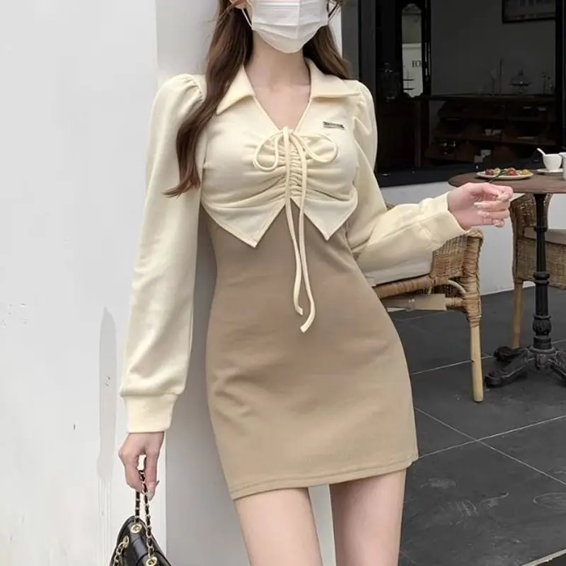 

Hotsweet V-Neck Drawstring Dresses Autumn Winter Fake Two Pieces Women's Clothing Stylish Shirring Contrasting Colors Mini Dress