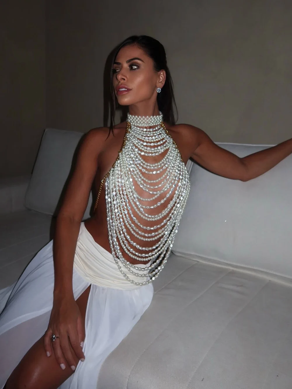 Multi Layer Pearl Vest Hanging Neck Handmade Dress Small Top With Elegant Temperament And Small Fragrance Chain