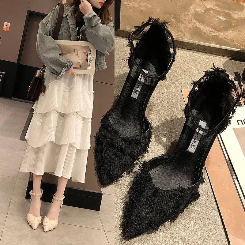 One Word Ladies Shoes With Medium Heels Buckles Footwear Pointed Toe Thin Summer 2024 Sexy Sandals for Women H on Offer Daily F