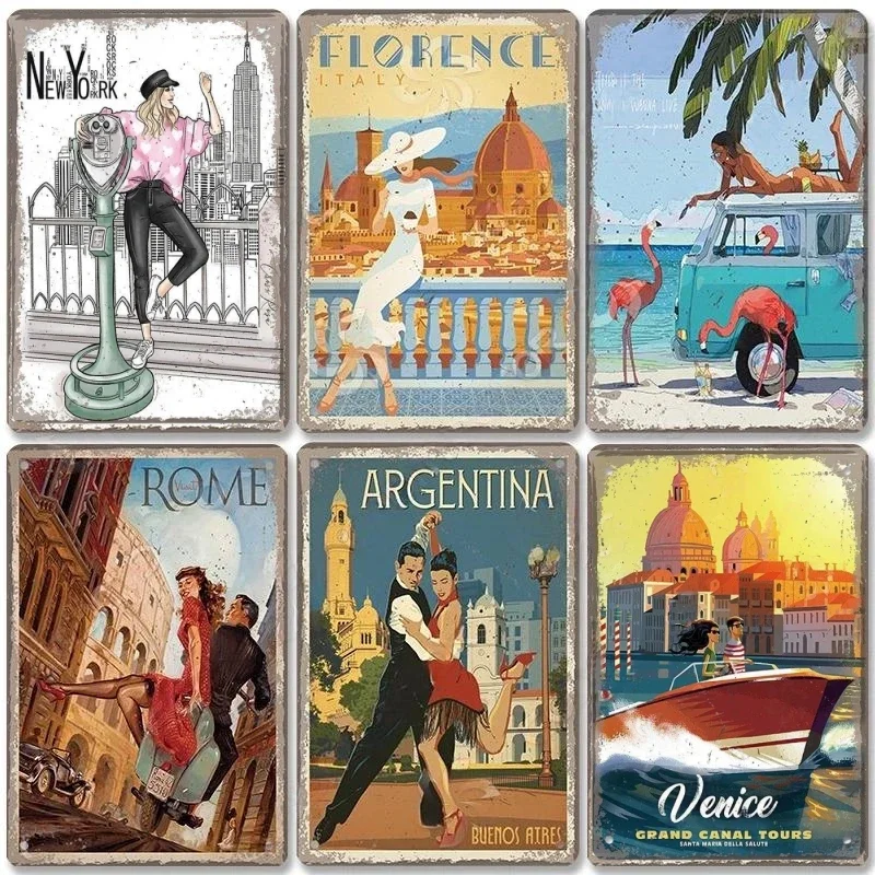 Metal Tin Signs Travel City Girls Posters Plaque Monaco Rome Biarritz Venice Metal Poster Vintage Wall Art Bar Club