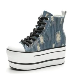 Vendite calde 11CM Denim vera pelle donna 2024 moda primavera stivaletti piattaforma zeppa autunno scarpe con tacco nascosto di marca alta