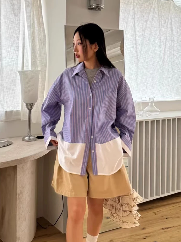 シックな秋の新作ルーズ長袖ストライプシャツレディースカジュアルクラシックカラーカラーブロックデザイン通勤スタイル韓国版