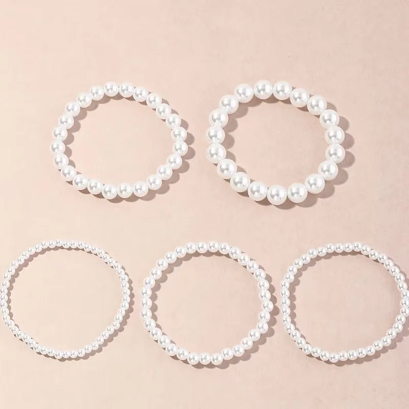 مجموعة أساور اللؤلؤ متعددة الطبقات للنساء، أساور مطرزة باللؤلؤ الأبيض قابلة للتكديس، أساور أنيقة ذات طبقات #3