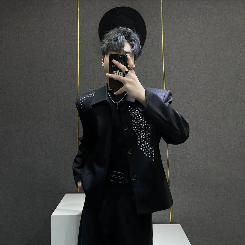 

Men's Solid Color Rhinestone Long-Sleeved Jacket American Vintage Fashion Trend High Street Loose Casual Niche Men's Tops