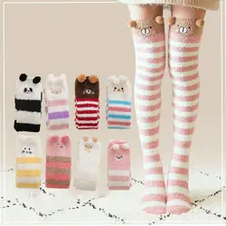 Cute Striped Over-knee High Socks Cartoon JK Calf Snow Scoks Hosiery Warm Coral Fleece Stockings Girls