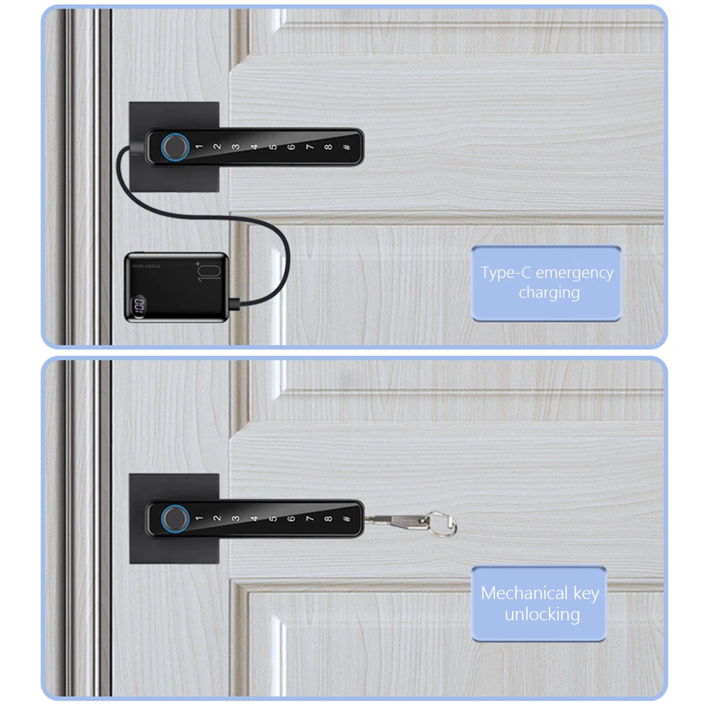 Aluminum Alloy Door Lock Semiconductor Fingerprint Digital Password Backup Keys Normally Open Mode Emergency Charging Port