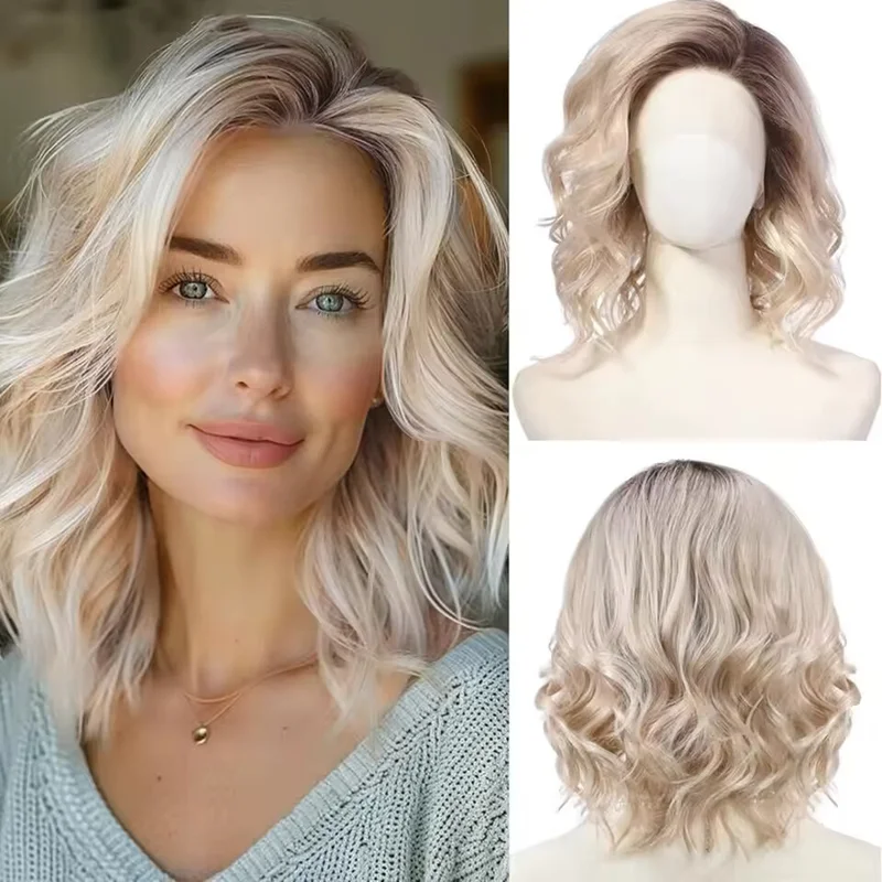 Short Wavy Human Hair Wig Ombre Blonde Layered Hair Side Part Lace Front Bob Wig