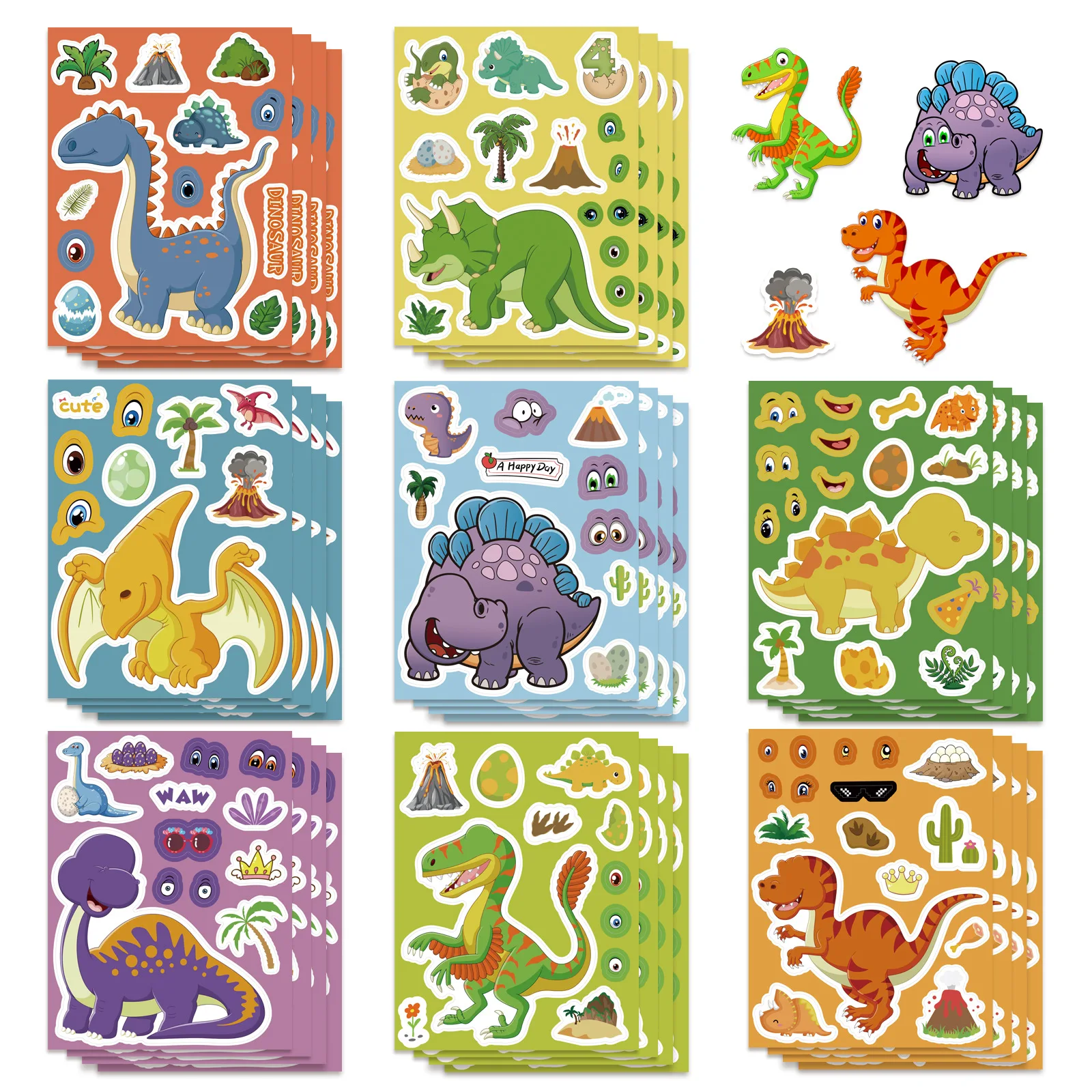 8/16Sheets Creative Dinosaur Cartoon Collage Stickers DIY Game Stickers Animal Craft Laptop Skateboard Stickers Classic Kid Toys