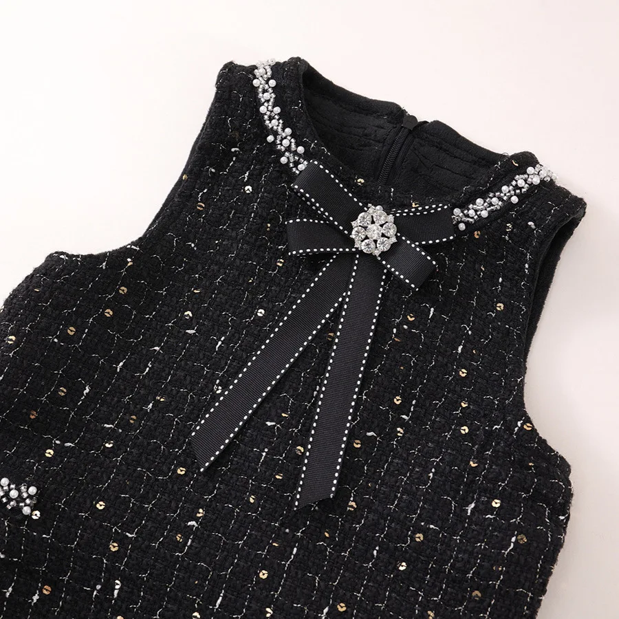 Autumn Girls' Coarse Tweed Sleeveless Vest Dress Winter Baby Black Elegant Rhinestone Hot Stamping Dress Kids Dresses for Girls