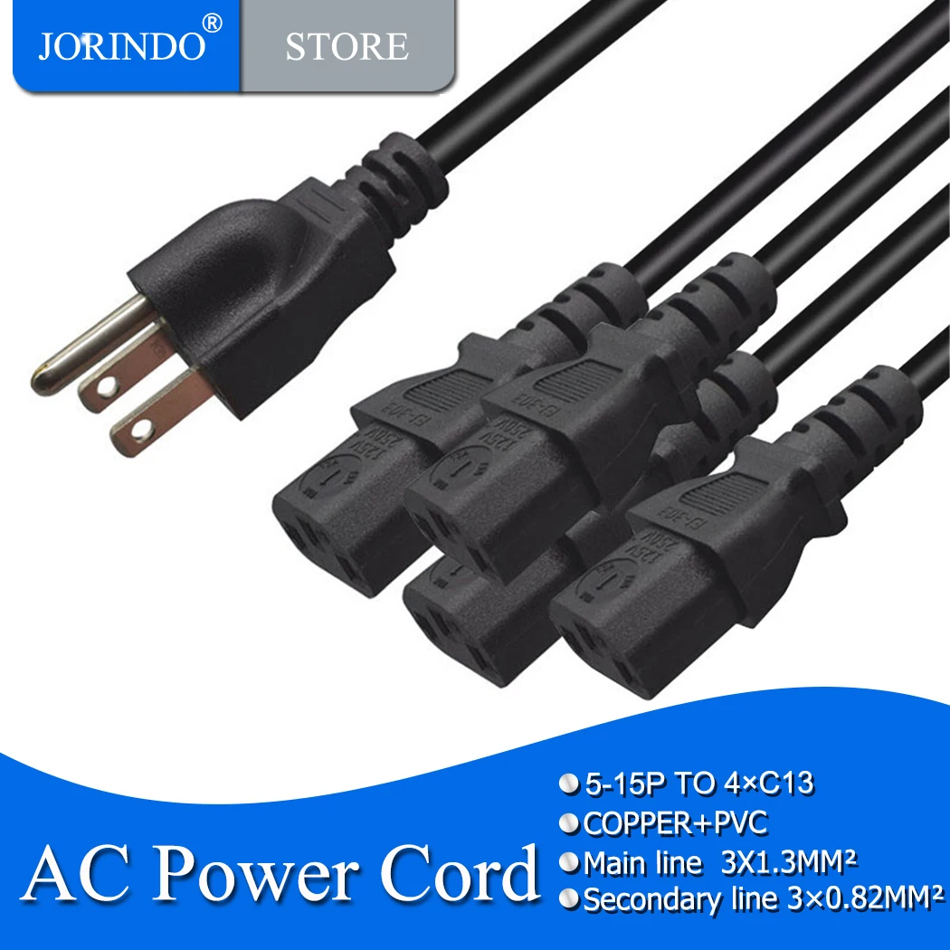 JORINDO 2M/6.56FT 5-15P to 4xC13,ETL certified US Standard 3-pin plug to four C13 power extension cords