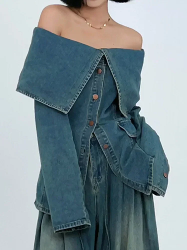 Slash Neck Off Shoulder Patchwork Denim Coat For Women Long Sleeve Single Breasted Wasit Blue Jackets 2024 Autumn 29L253