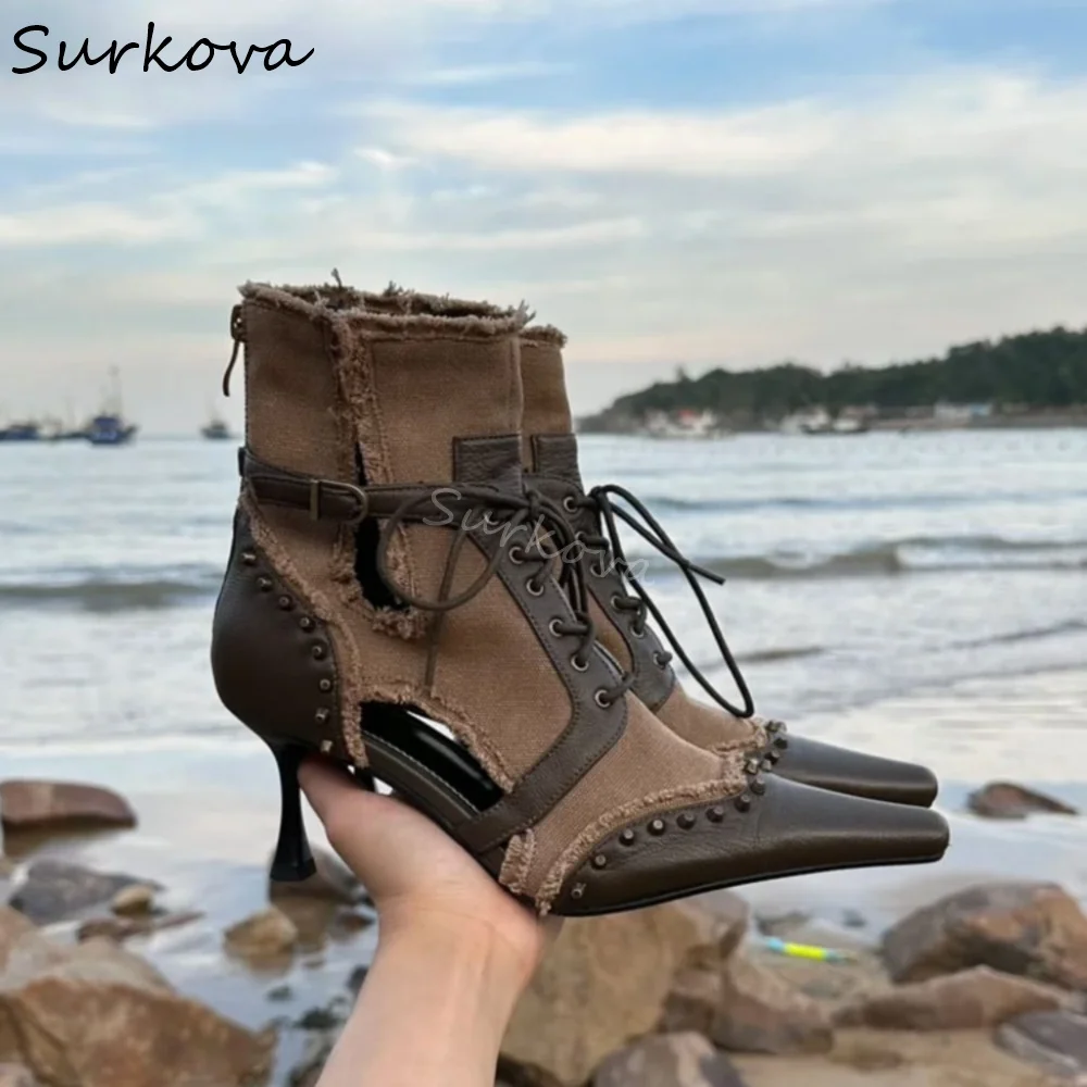 

New Doomsday Wasteland Style Cowboy Boots Women Pointed Toe Splicing Hollow Retro Lace-up High-heeled Sandals Fashion Ankle Boot