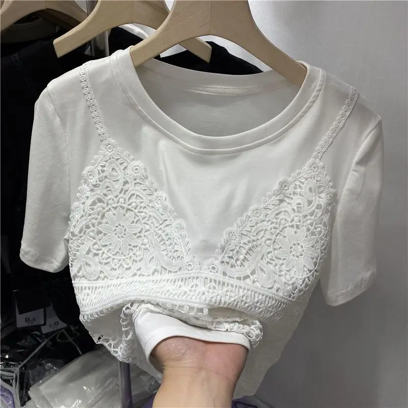 OCEANLOVE Lace Patchwork T Shirt for Women Fake 2 Pieces Spring Summer Korean Style Ropa De Mujer Vintage Simple Short Tees