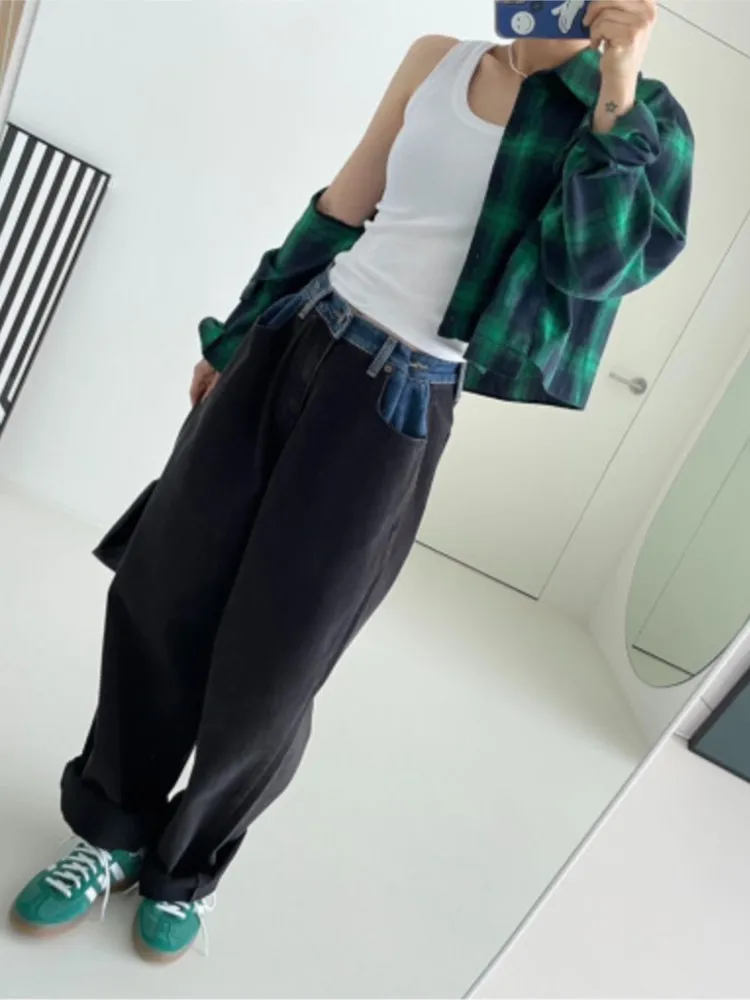 Jeans Spring High Waist Patchwork Fashion Long Pant Women Casual Loose Pleated Korean Style Ladies Trousers Wide Leg Woman Pants