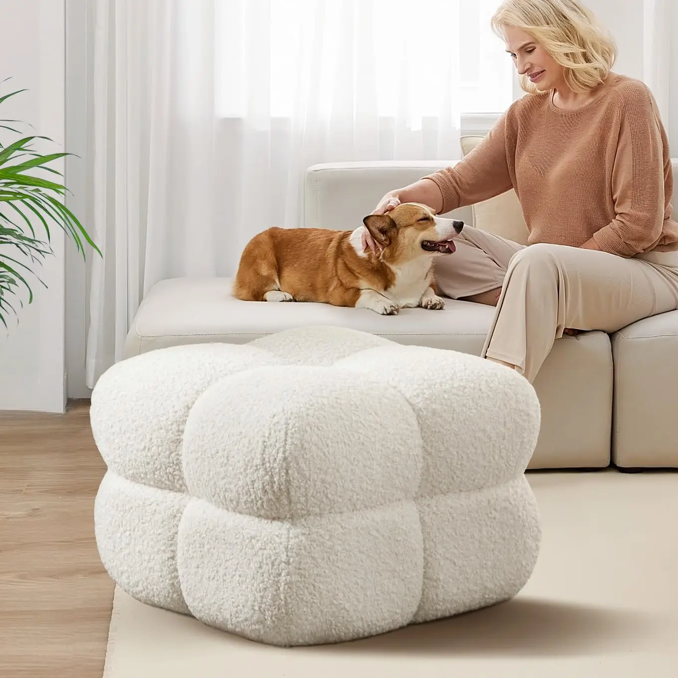

21"W Boho Teddy Fabric Pouf Ottoman - White, Large Square Foot Rest for Couch/Vanity/Bedroom