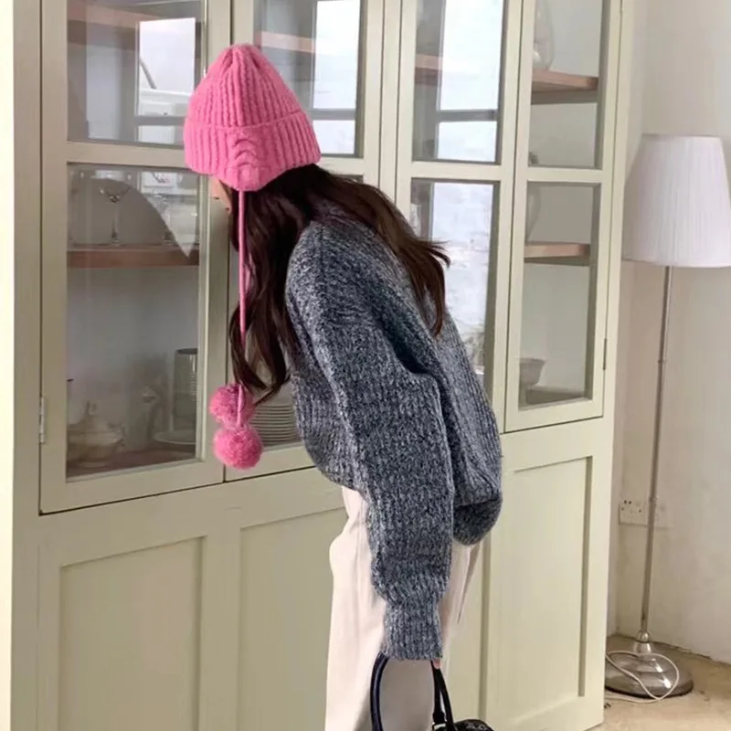 Ins Cute Pom-pom Strap Beanies Cap for Women Autumn and Winter Outdoor Leisure Warm Fashion Versatile Sweet Pullover Knitted Hat