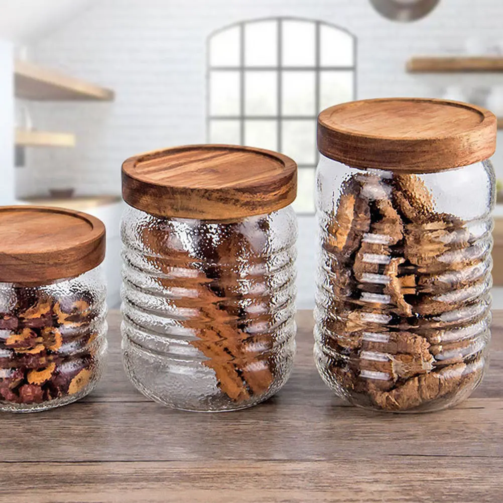 

Wooden Lid Glass Jar 500ml Thick Food Sealed Storage Container Multi-Purpose Dry Food Tea Coffee Canisters for Kitchen Home