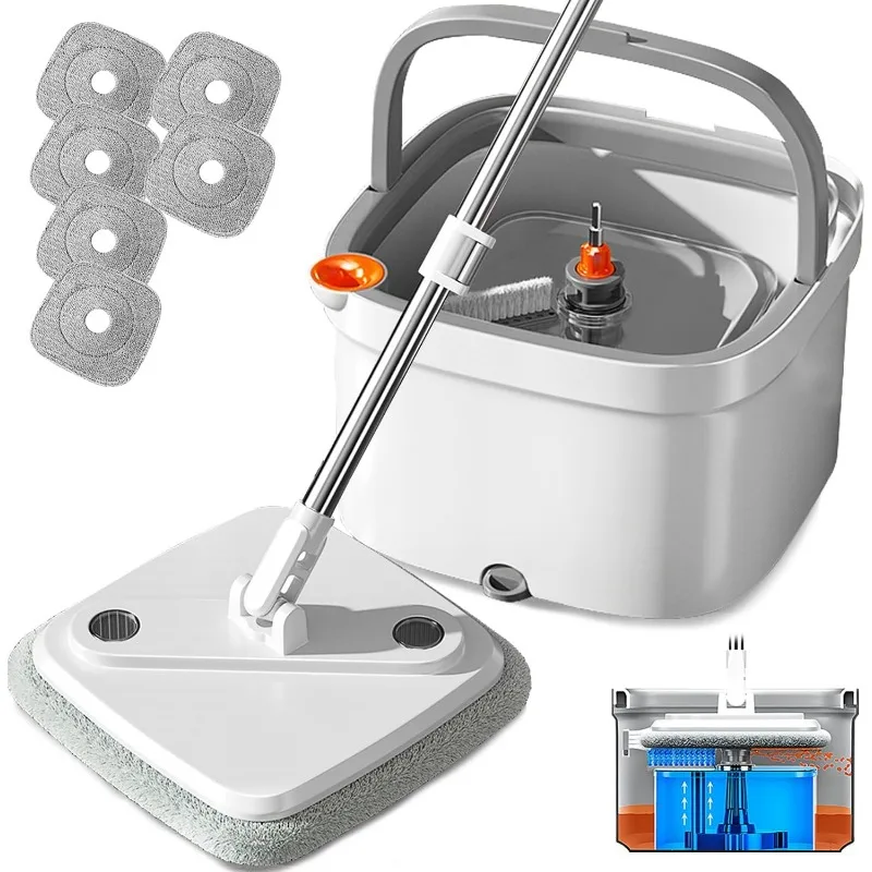 

Spin Mop and Bucket Set with Self Separation Dirty and Clean Water System Self Wringing 360° Rotating Square Mop Head