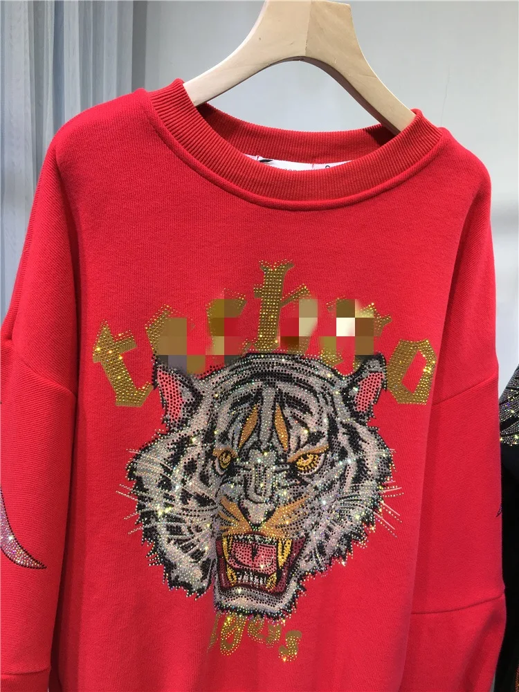 Domineering Tiger Hot Drilling Women Sweatshirt Autumn Winter Thicken Velvet Red O-neck Pullover Top Long Sleeve Loose Hoodie