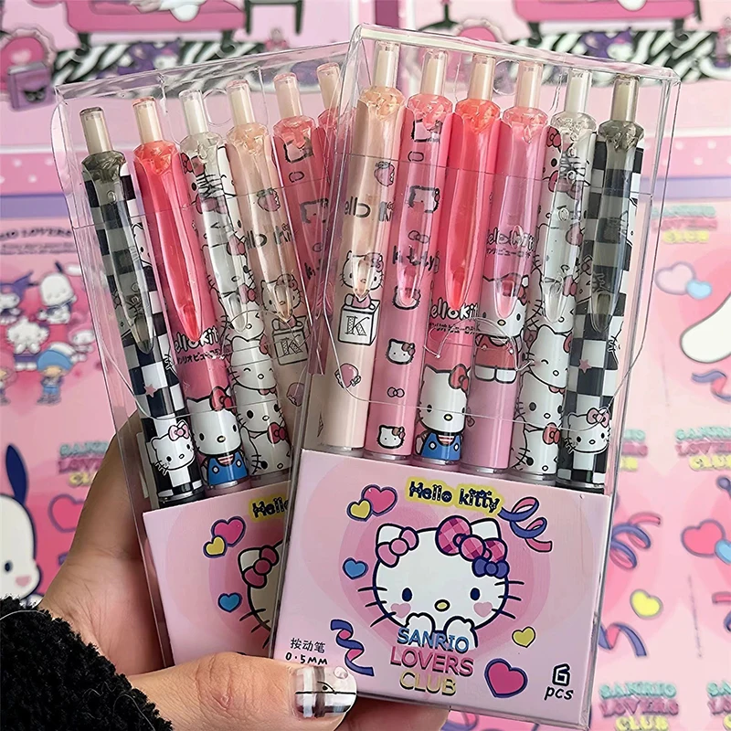 6Pcs Cute Kuromi Hello Kitty Gel Pen 0.5mm Black Quick Drying Pens Pressing Signature Pen For School Office Stationery Supplies