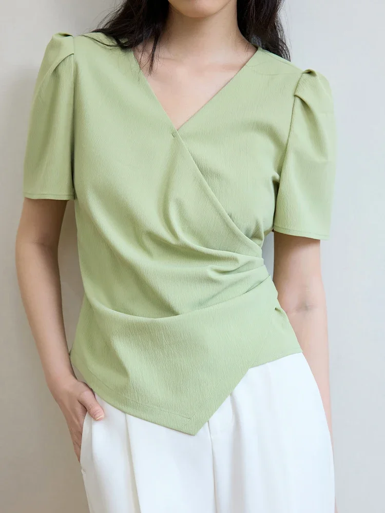 

DUSHU Women Short Sleeve Chiffon Green Blouses V-Neck Temperament Summer Thin Office Lady Beige Short Shirt Tops 24DS82545