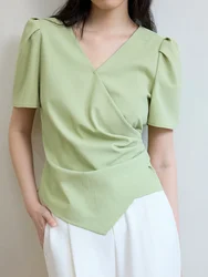 DUSHU Women Short Sleeve Chiffon Green Blouses V-Neck Temperament Summer Thin Office Lady Beige Short Shirt Tops 24DS82545