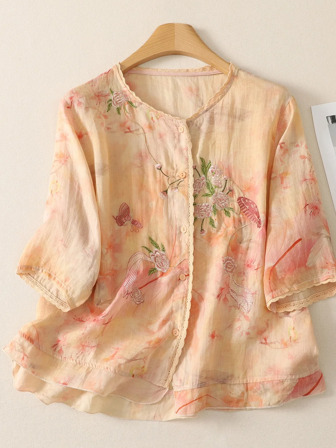 

Elegant Lace Heavy Embroidery Hemp Shirt Women Summer Stylish Beautiful Cotton Linen Top Thin Floral Pattern round Neck Short...