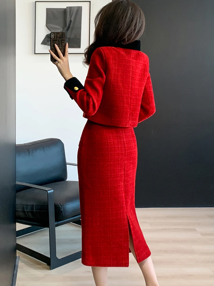 High-Quality Vintage Red Tweed Two Piece Set Women Short Jacket Coat + Bodycon Skirt Suits 2024 Fall Winter Elegant OL Outfits