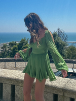 2025 Fashion Split Sleeve Pleated Ruffles Mesh Mini Dress Women's Green Slim Fit A-line Vestidos Lady Chic Street Dresses Spring